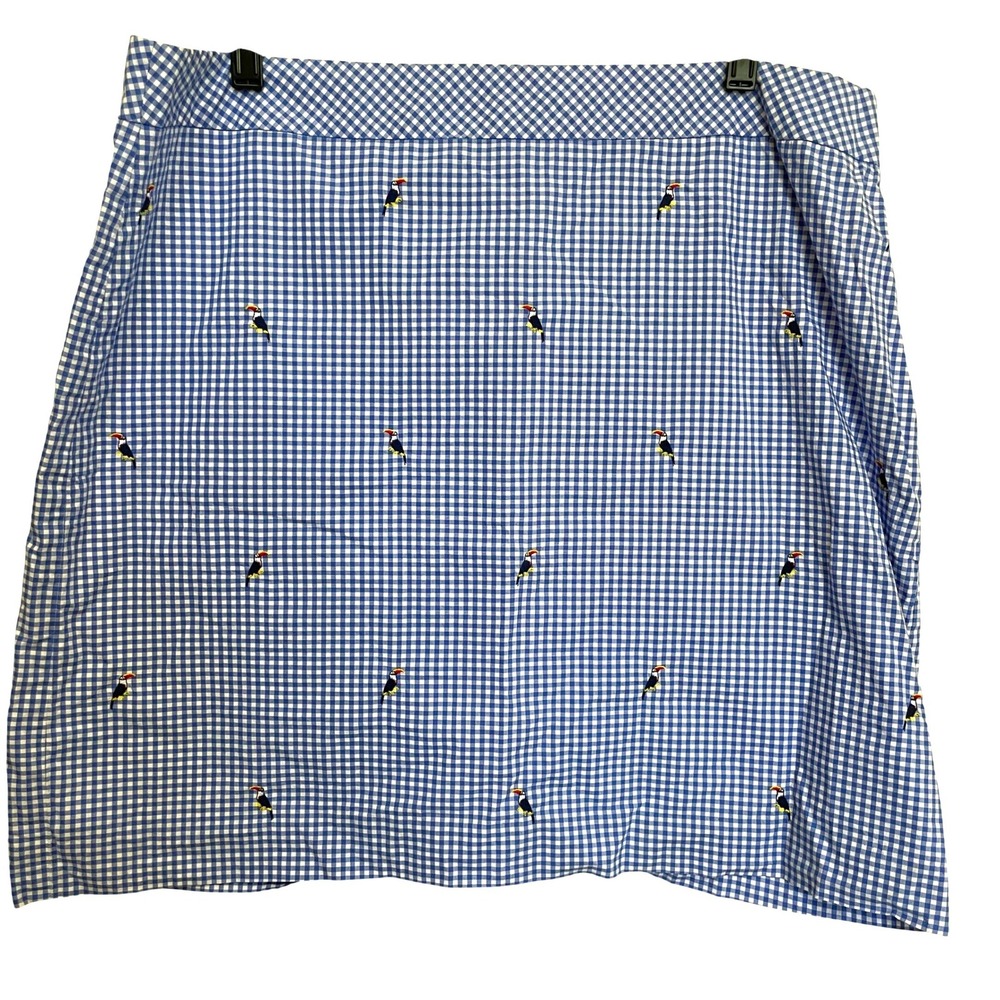 Talbots Blue Gingham Toucan Embroidered Cotton A-Line Skirt Women 16 Knee Length
